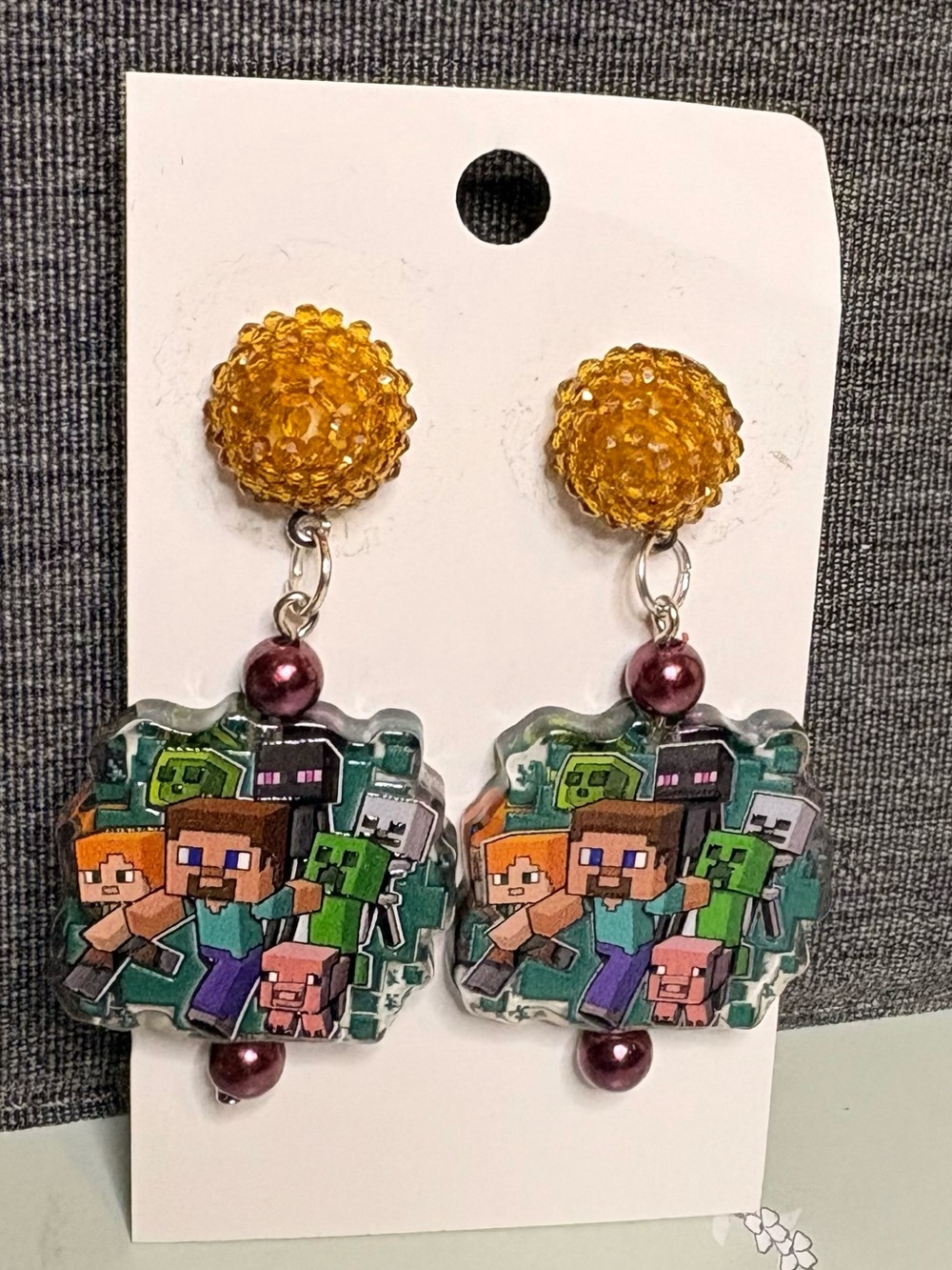 Handmade Yellow & Multicolor Minecraft-Inspired Drop Earrings